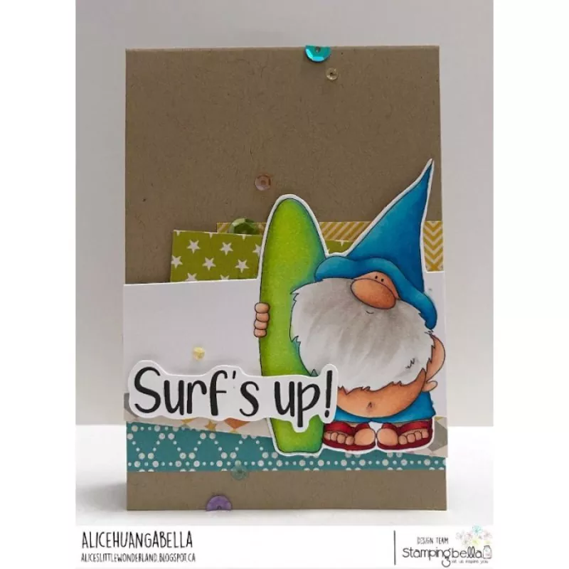 Stampingbella Gnome with a Surfboard Gummistempel 2